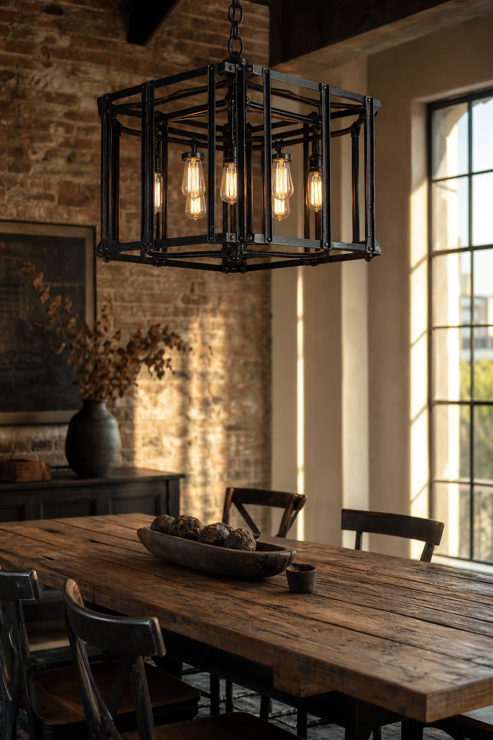 Blackened steel cage chandelier with exposed bulbs over a reclaimed wood table in a brick loft