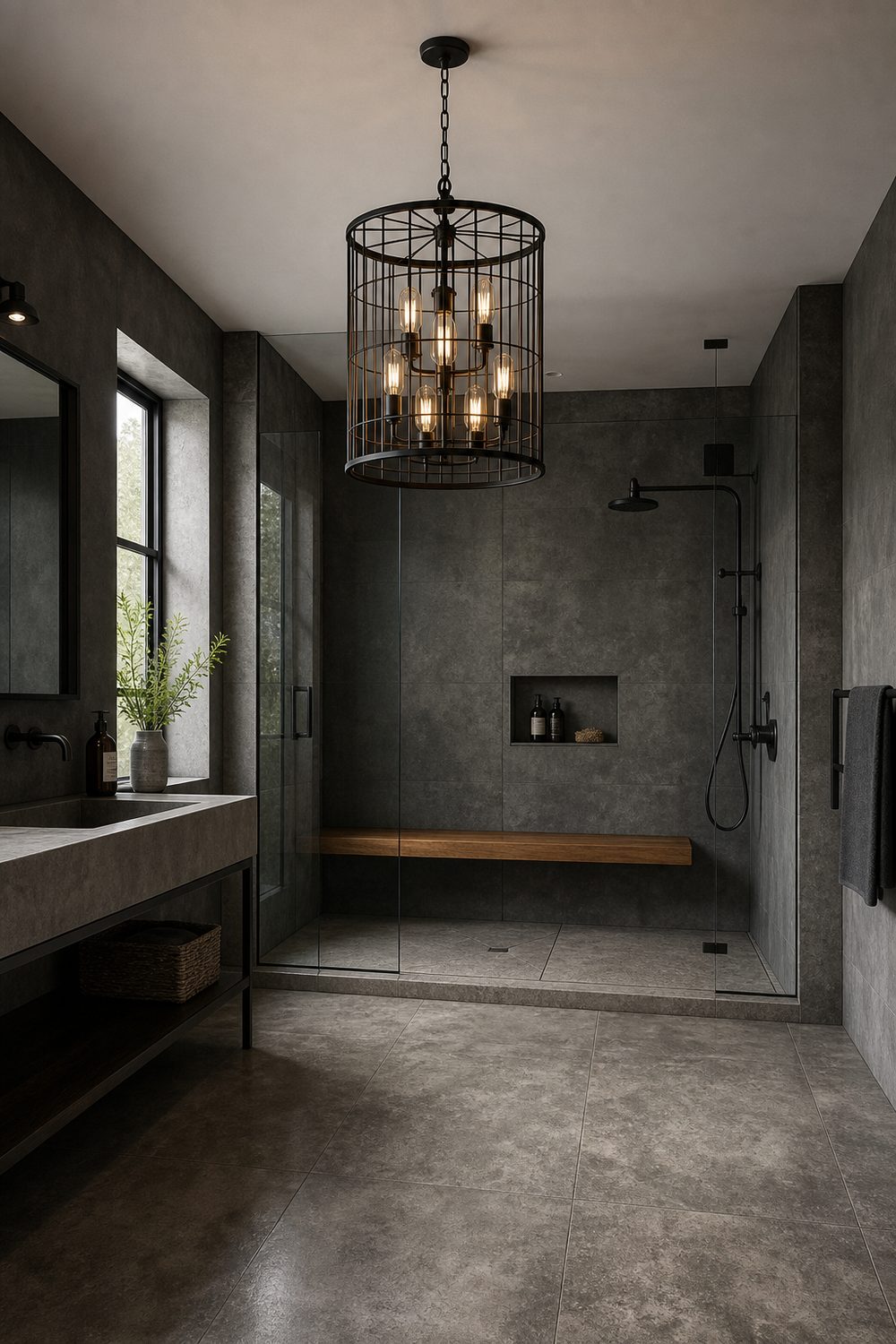 Black metal cage chandelier with exposed bulbs hanging beside a frameless glass walk in shower with concrete look grey tile
