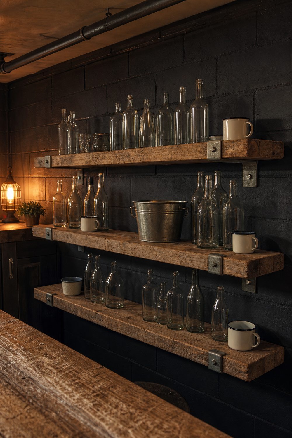 Chunky reclaimed scaffold boards with banded metal ends on galvanized brackets against a dark painted concrete block basement wall