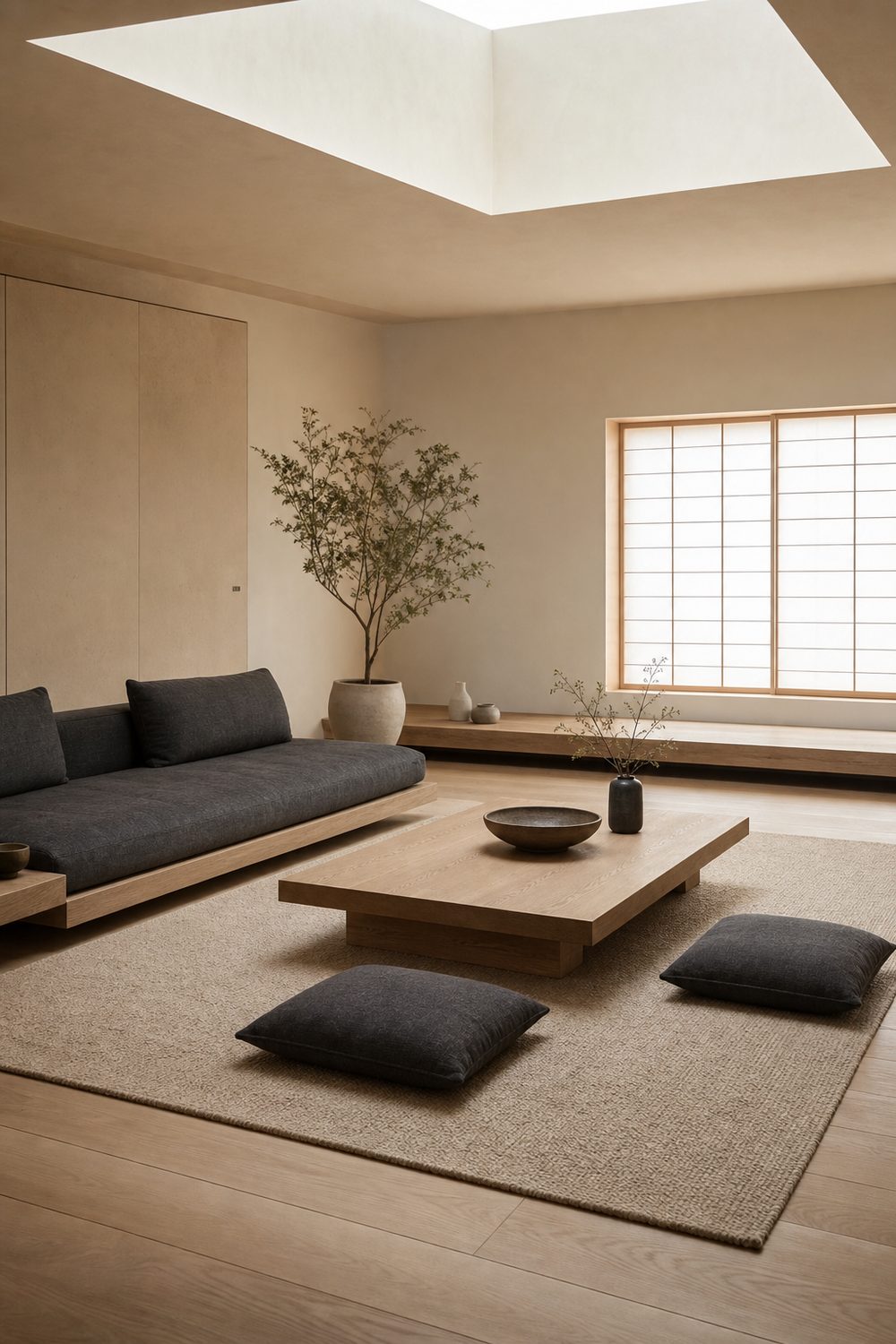 Japandi minimalist living room with low sofa, floor cushions, squat oak table and paper screened windows