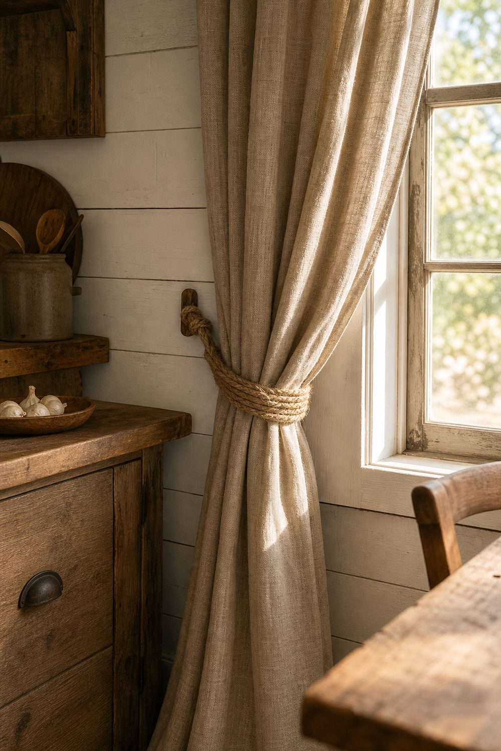 Coarse natural jute twine wrapped several times and knotted around a rough flax curtain in a farmhouse kitchen
