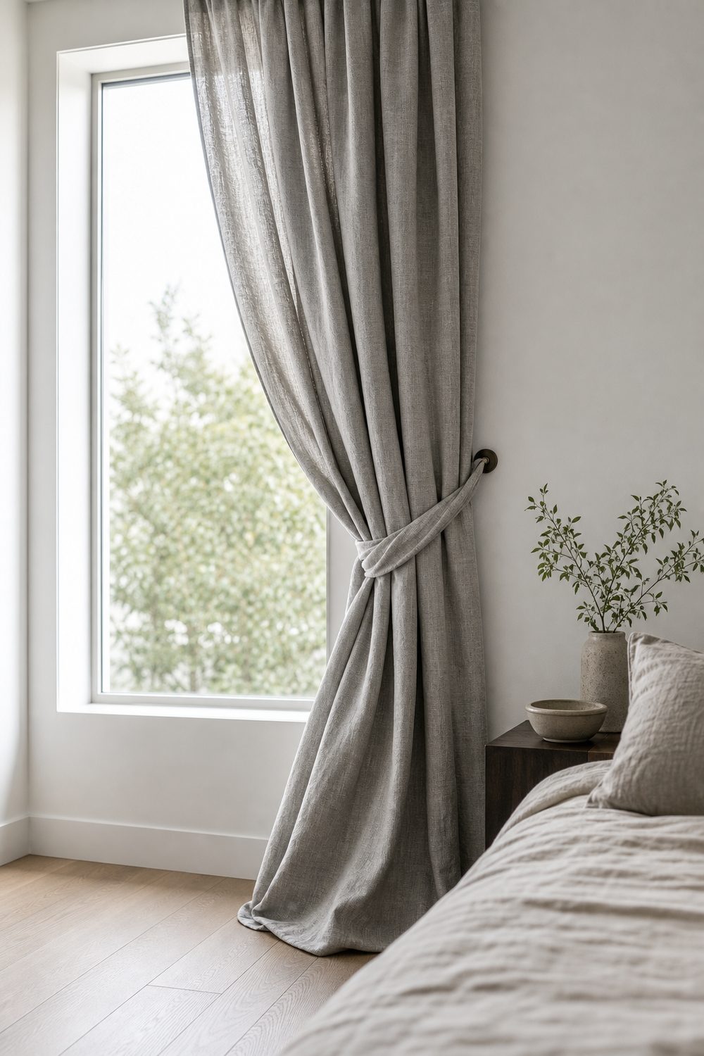 Length of dove grey linen twisted and tied in a loose knot cinching a matching drape in a minimalist bedroom