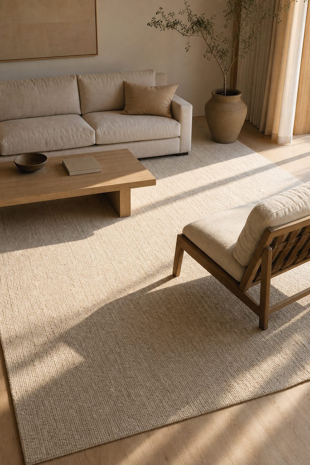 Large low pile ivory wool rug extending past the sofa and chair legs in a minimalist living room with oak floors