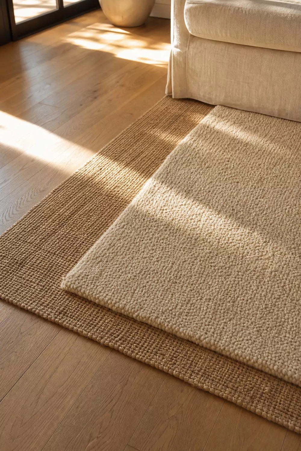 A smaller beige wool rug layered over a larger jute rug on wide-plank white oak floors in golden hour light