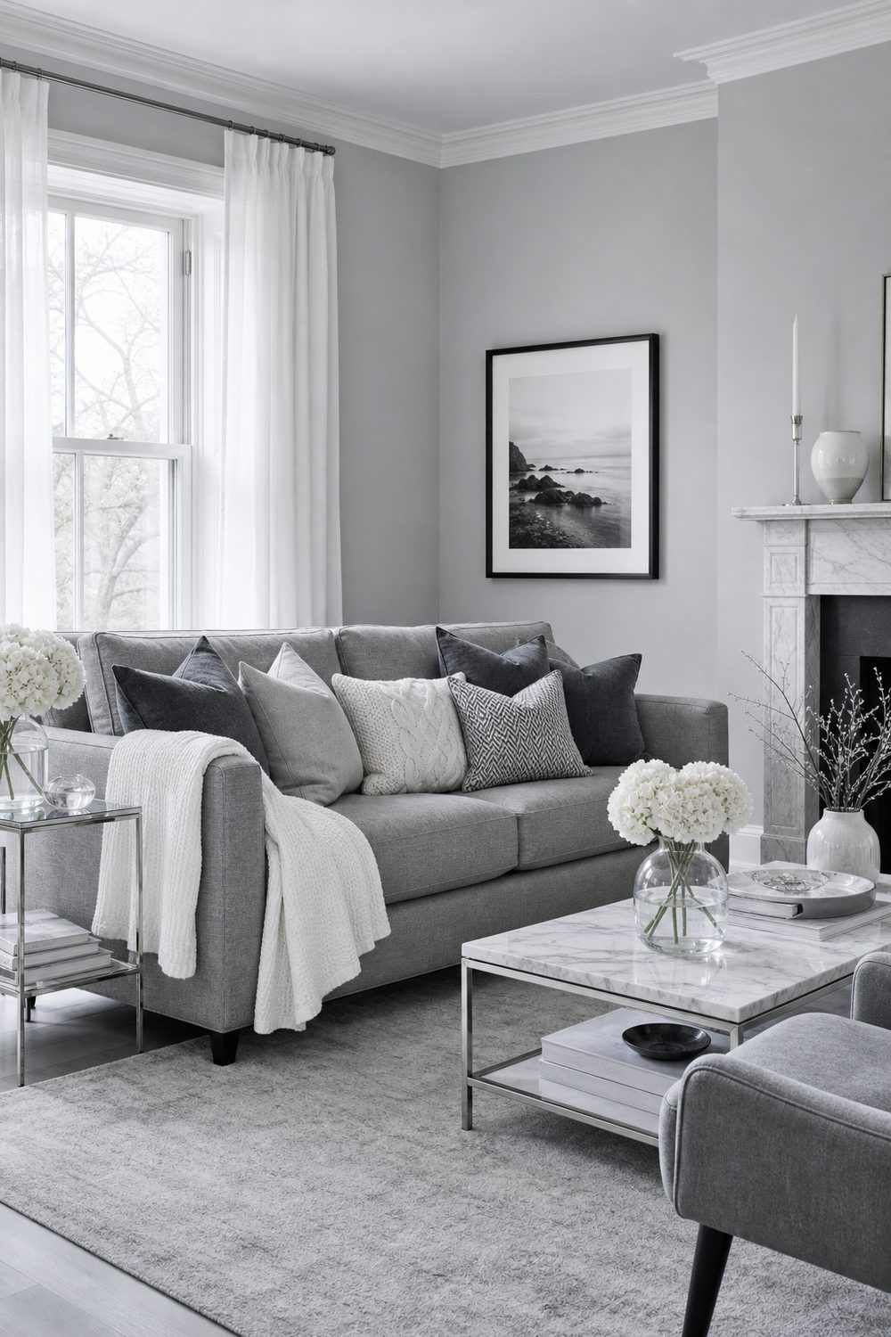Charcoal, dove grey, white cable knit and herringbone throw pillows layered on a grey sofa with a white throw