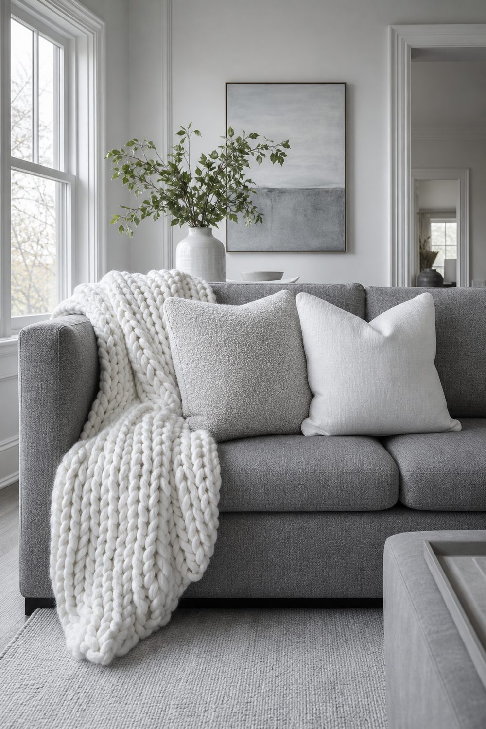 Grey sofa layered with a white chunky cable knit throw, grey boucle cushion and white linen cushion in a grey and white living room