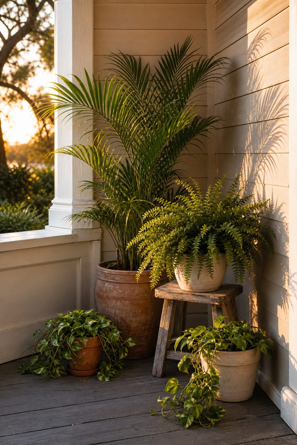 Porch corner with a tall potted palm, a fern raised on a wood stool and small trailing plants in floor pots