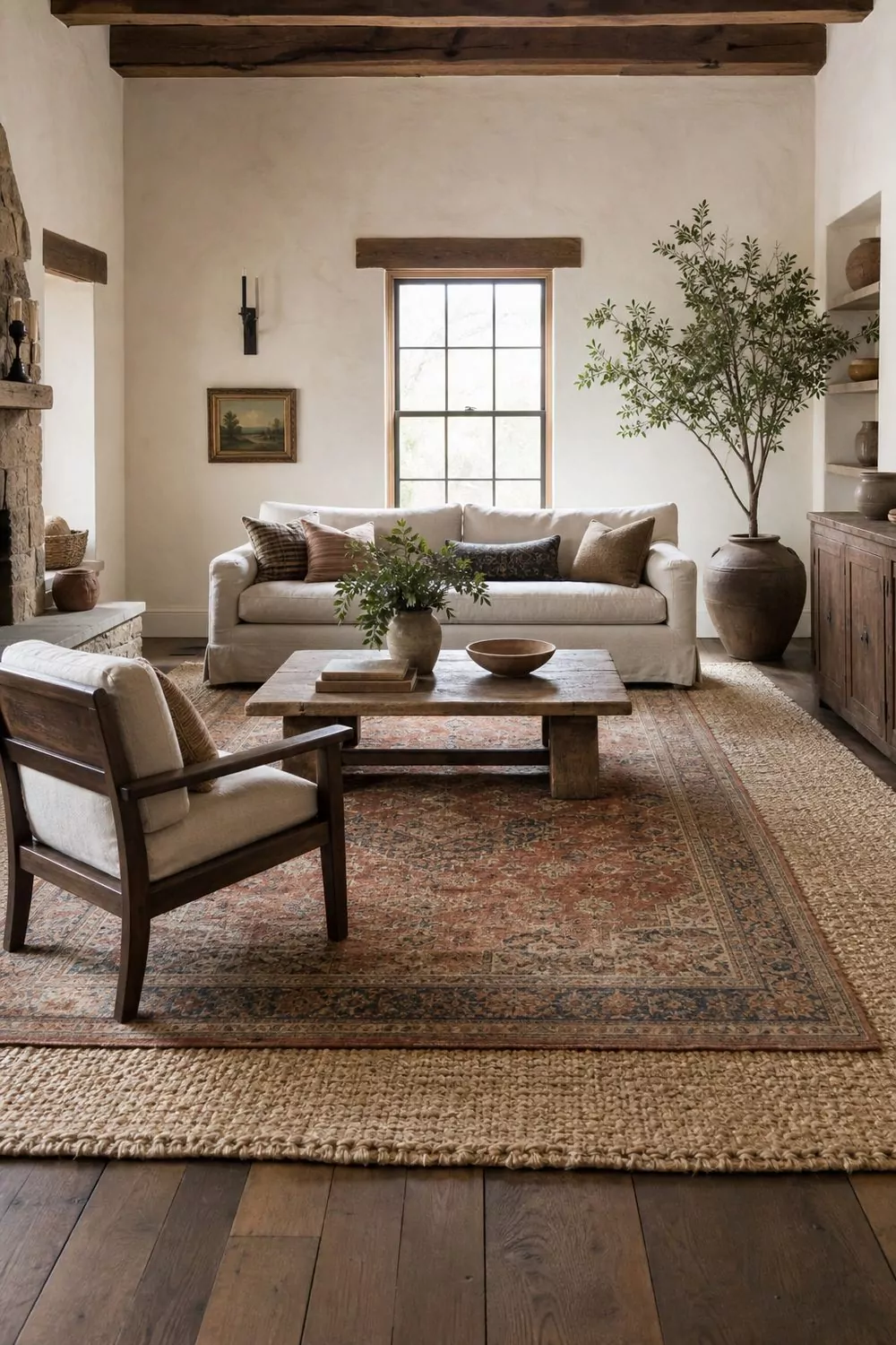 Faded vintage Persian rug in rust and blue layered over a large natural jute rug on wide plank oak flooring