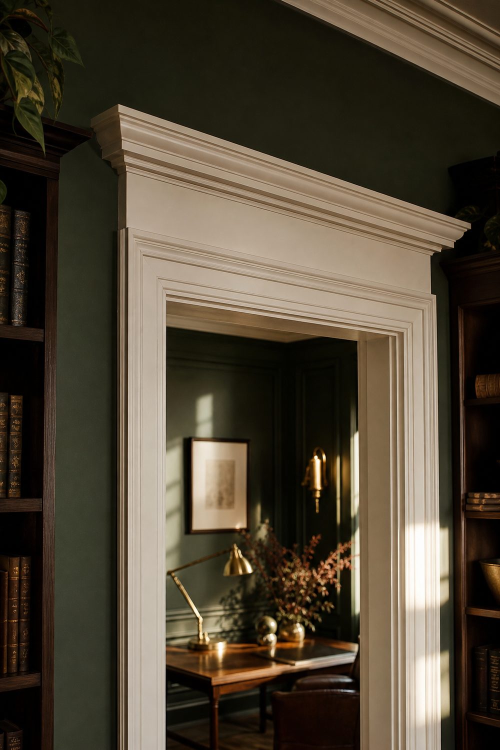 Built up door casing of stacked molding layers with a projecting header in a deep green study with bookshelves