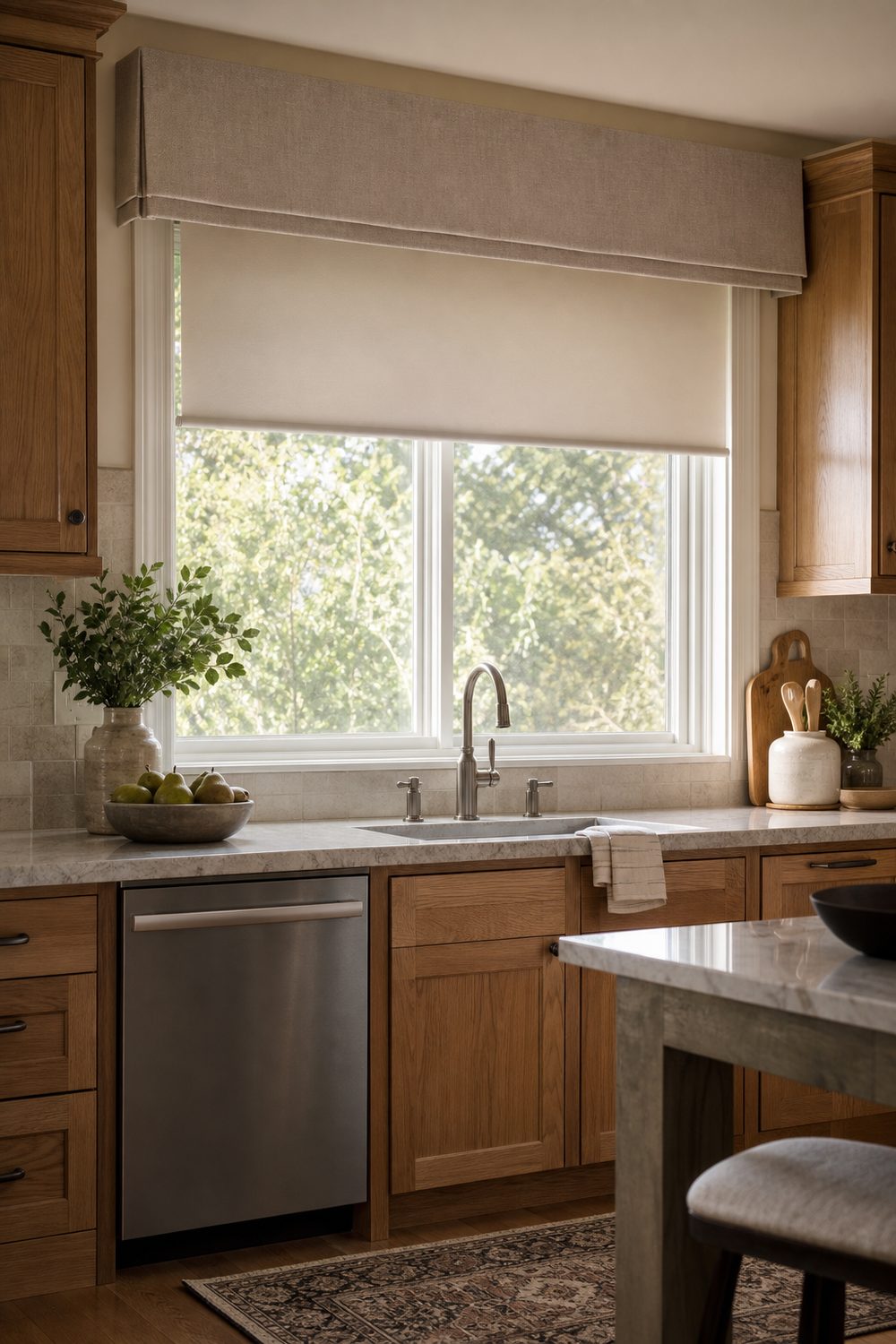 Taupe linen valance above a partly lowered cream roller shade on a large family kitchen sink window