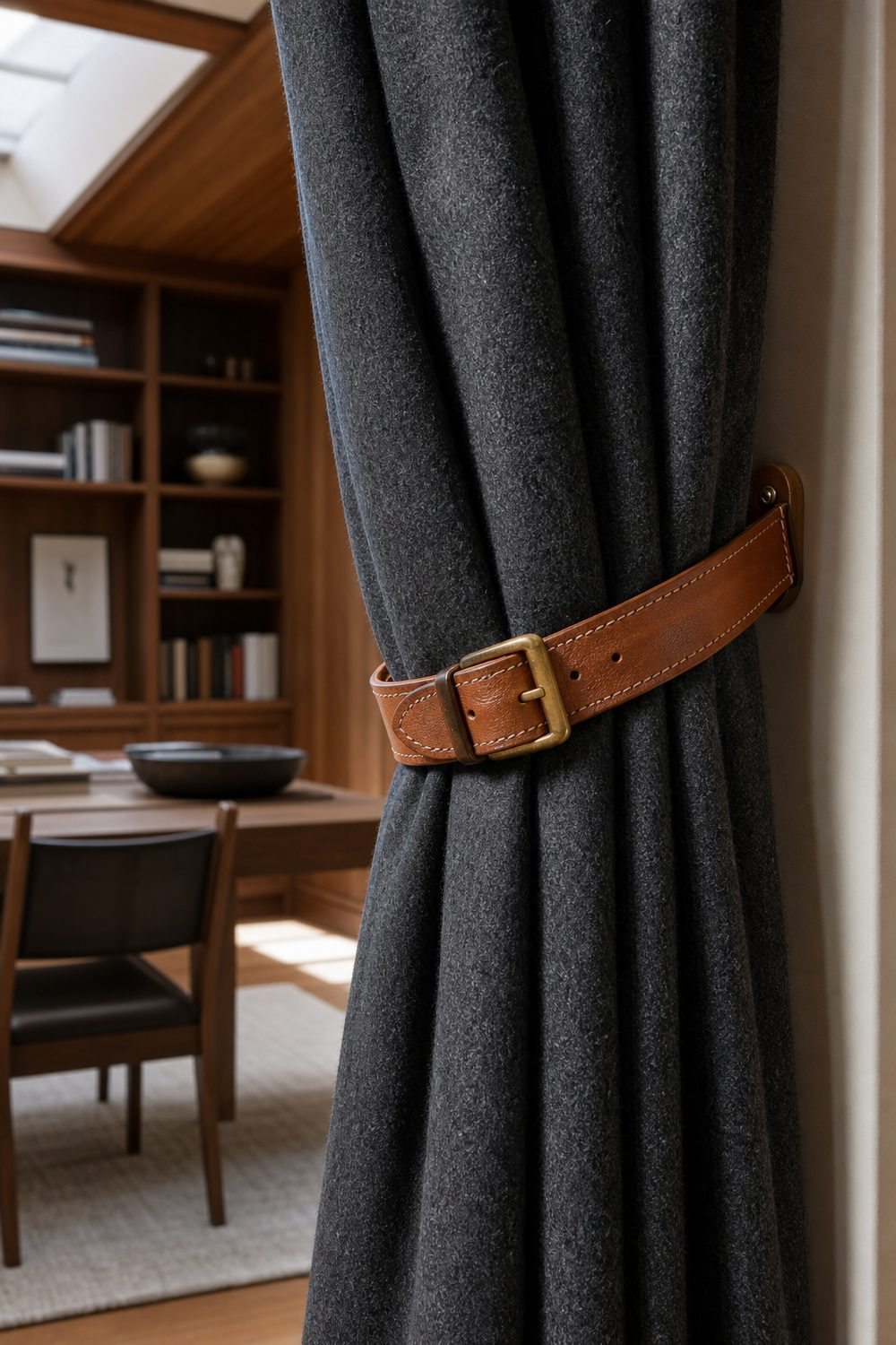 Tan full grain leather strap tie back with antique brass buckle fastened around a charcoal wool drape in a study