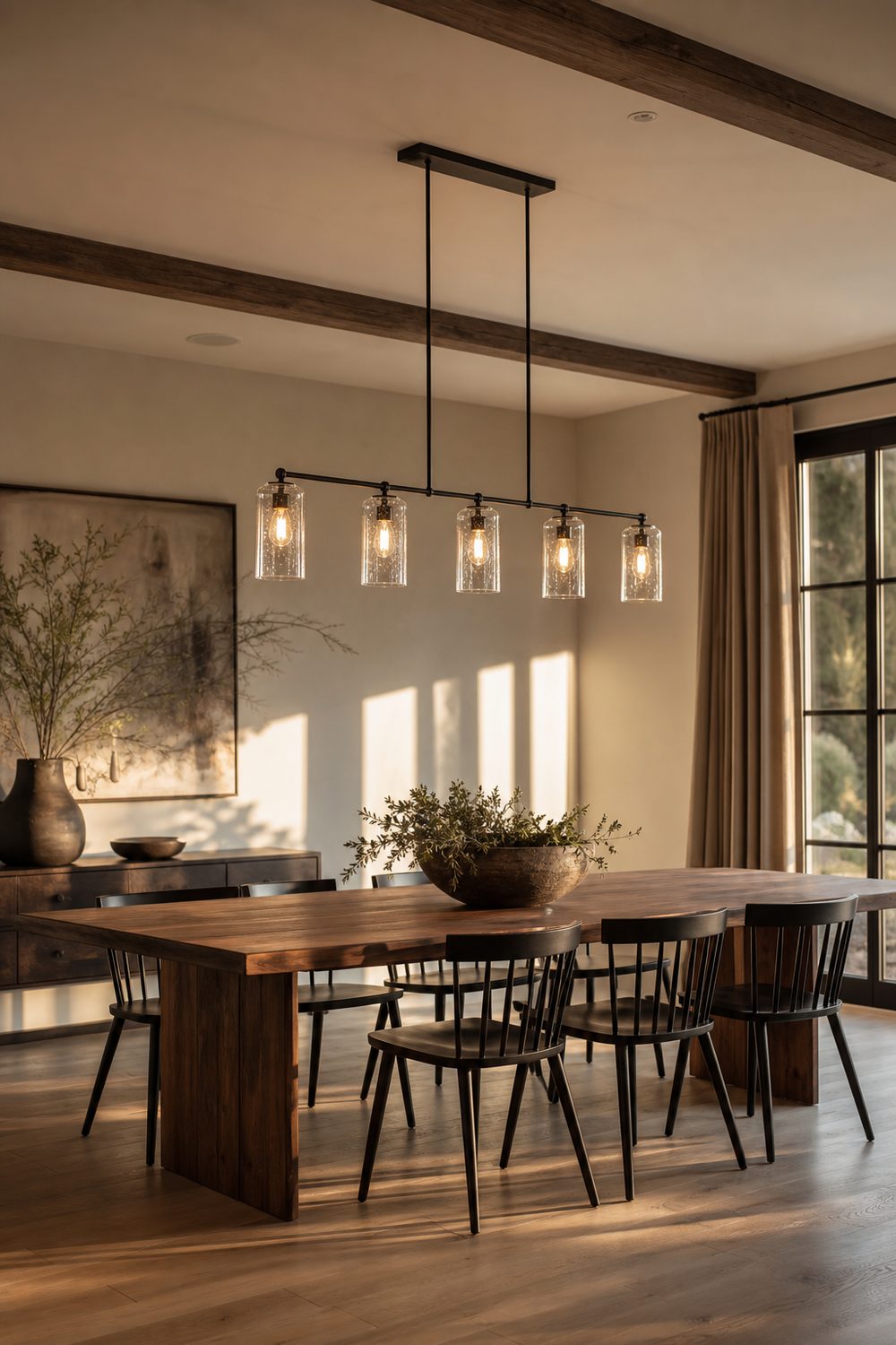 Black linear bar chandelier with five glass shades over a rectangular walnut dining table with spindle chairs