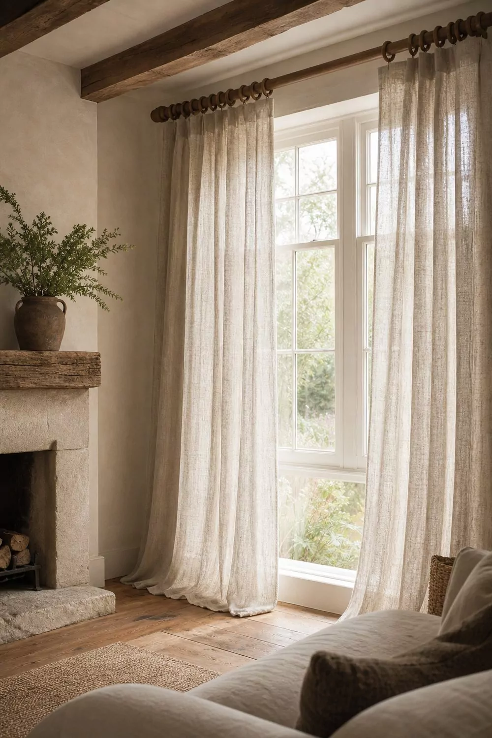 Floor length oatmeal linen curtains on a thick turned oak rod with brass rings, morning light glowing through the weave
