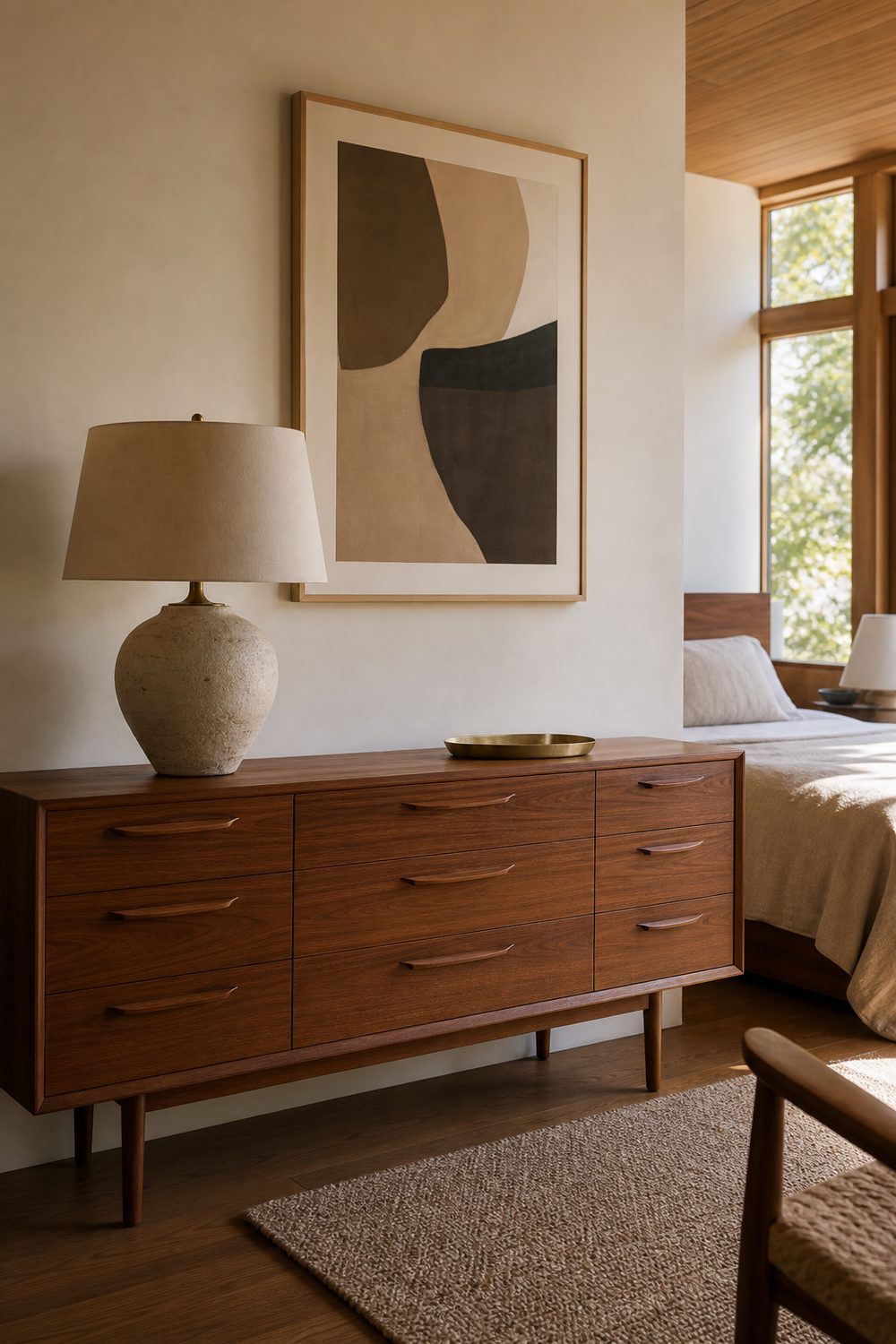 Long low teak dresser with tapered legs styled with one ceramic lamp, a brass tray and a framed abstract print