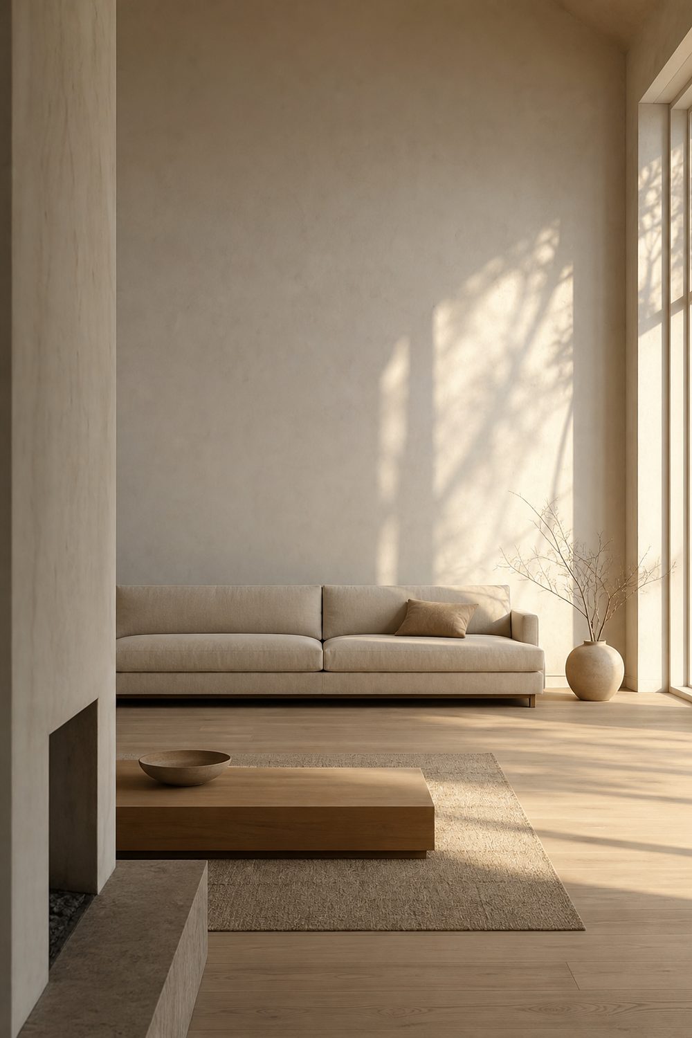 Low profile oatmeal linen sofa in a minimalist living room with white plaster walls, pale oak floor and tall windows