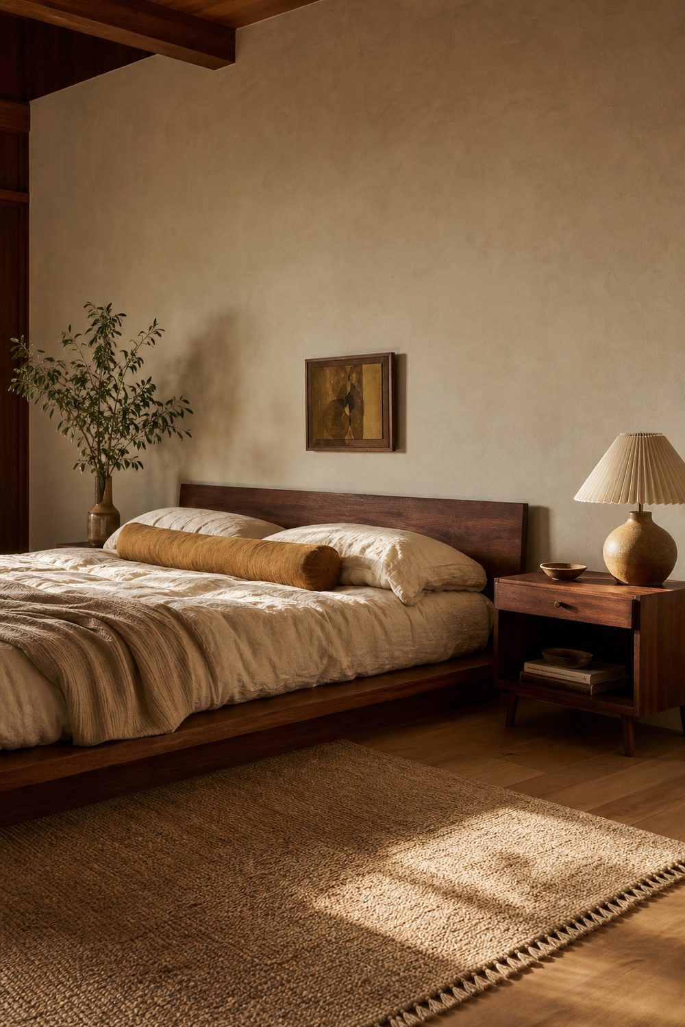 Low walnut platform bed with cream linen bedding and a mustard bolster pillow against a warm oatmeal plaster wall