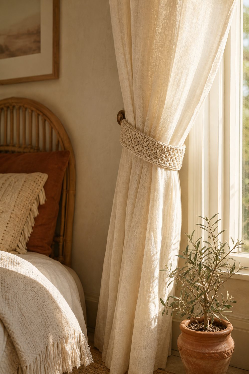 Hand knotted ivory macrame band with square knots wrapped around a gauzy cream curtain in a boho bedroom