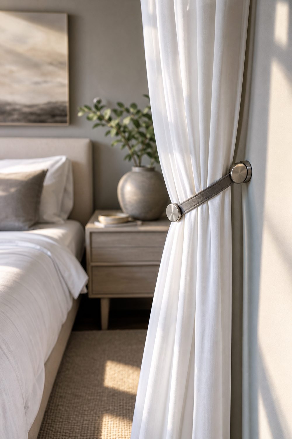 Brushed nickel magnetic clasp tie back on a leather strap closed around a white cotton drape in a modern bedroom
