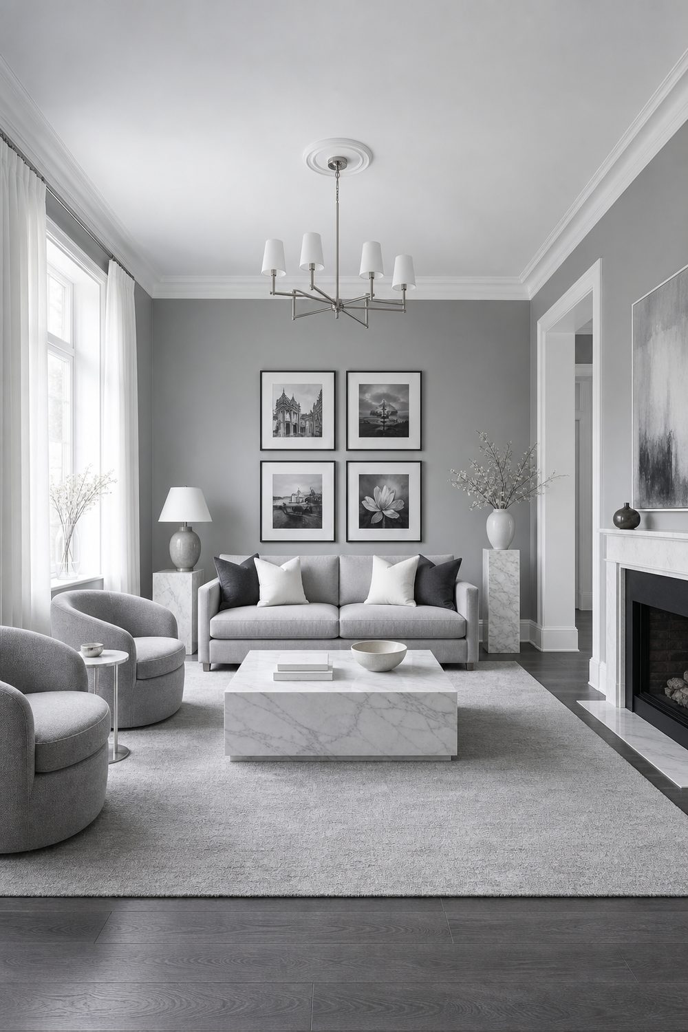 White marble coffee table with grey veining on a pale grey rug in front of a grey sofa and swivel chairs