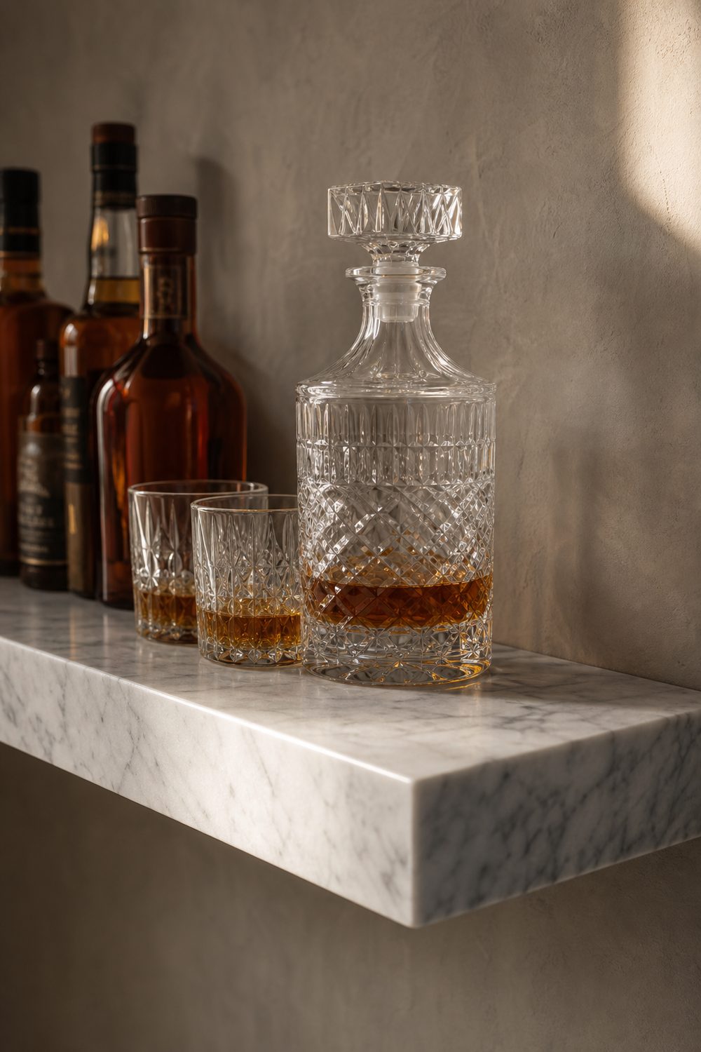 Single thick honed Carrara marble ledge floating on a warm greige plaster wall with a cut crystal decanter, rocks glasses and amber bottles