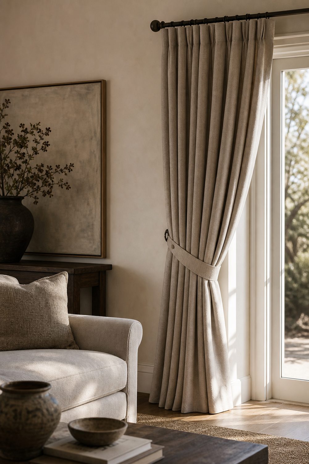 Tailored tie back stitched from the same mushroom linen as the drape with a covered button closure at the window