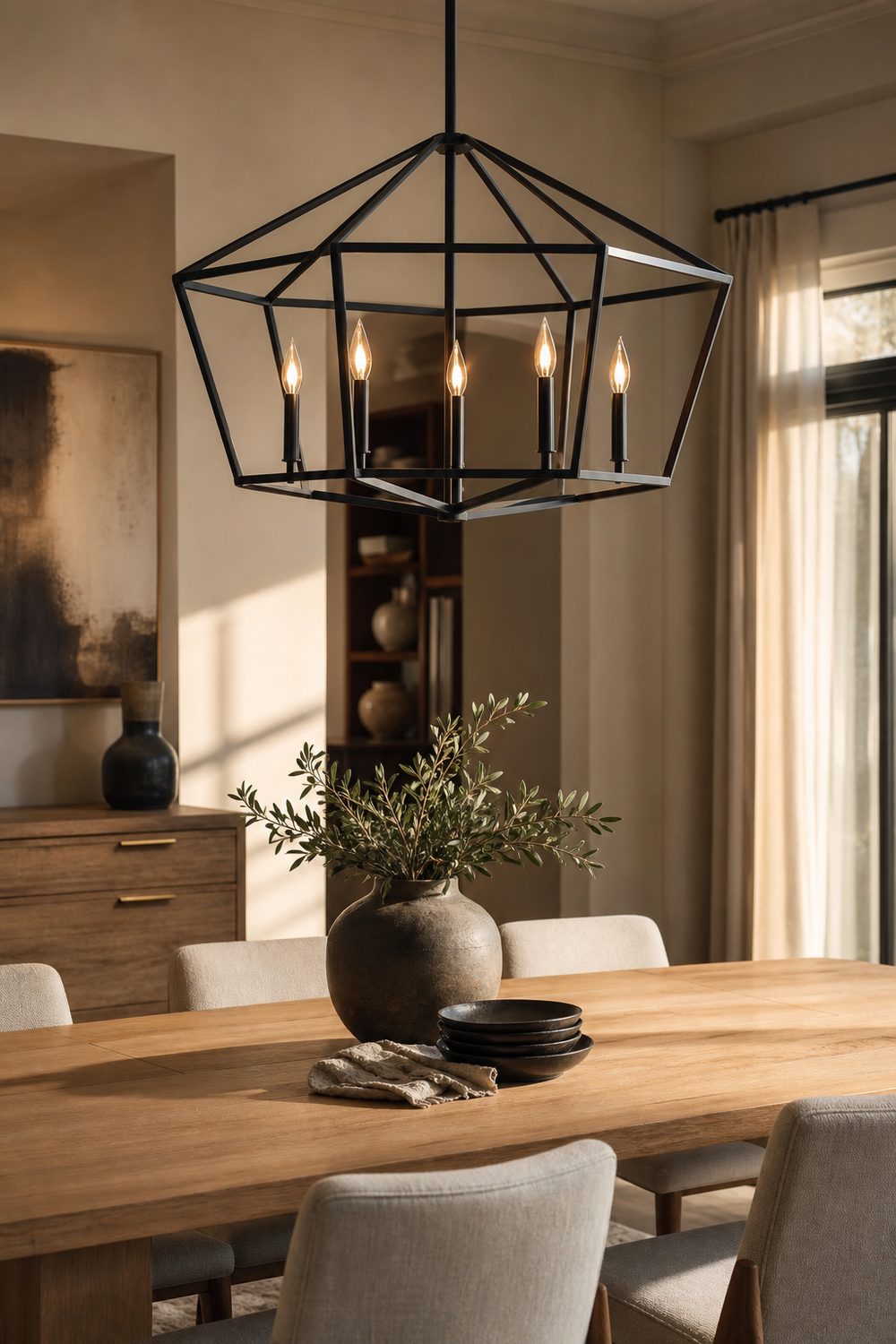 Matte black geometric cage chandelier over a light oak dining table with upholstered chairs