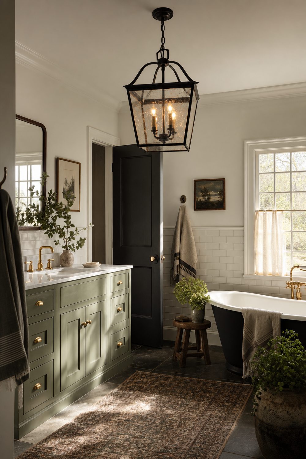 Matte black iron lantern chandelier with seeded glass above a sage green shaker vanity in a white subway tiled farmhouse bathroom