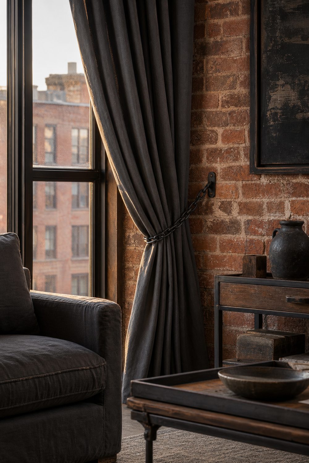 Matte black chunky link metal chain swagged around a graphite cotton drape by an exposed brick loft window