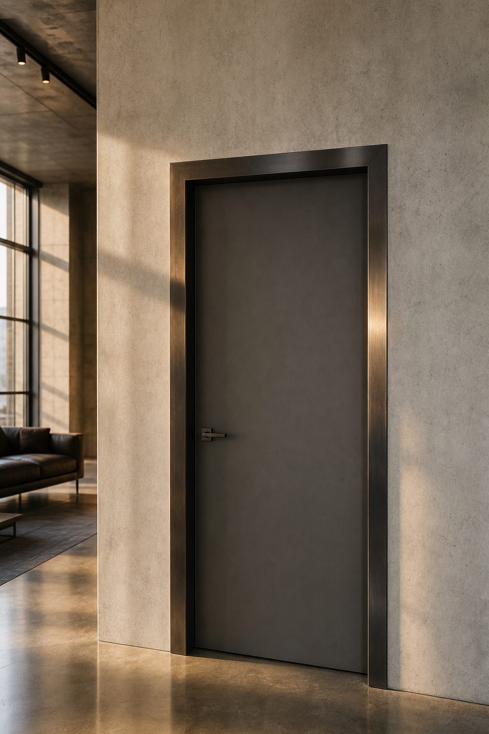 Slim blackened metal edge trim wrapping a doorway flush with grey drywall in a modern loft with concrete floors