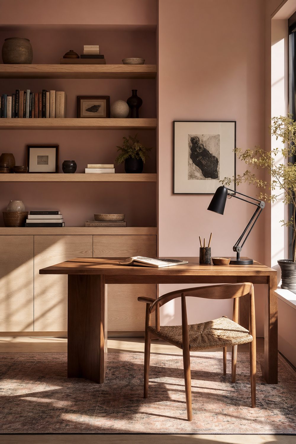 Millennial pink home office with white oak shelving, simple wood desk, and black task lamp