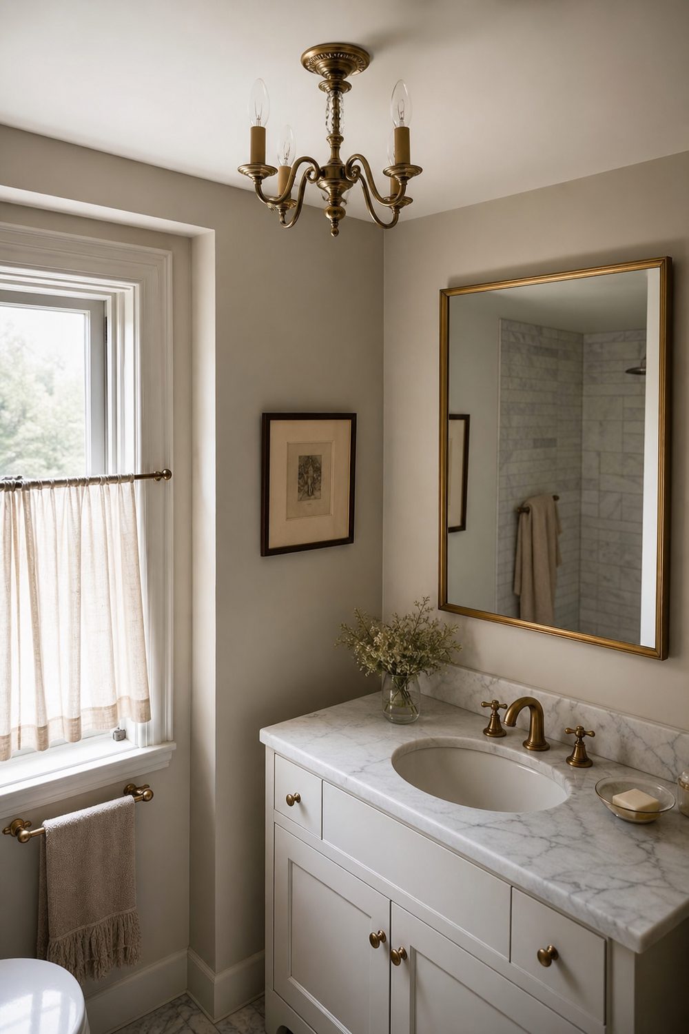 Small antique brass mini chandelier hanging tight to a low eight foot ceiling above a white marble topped vanity