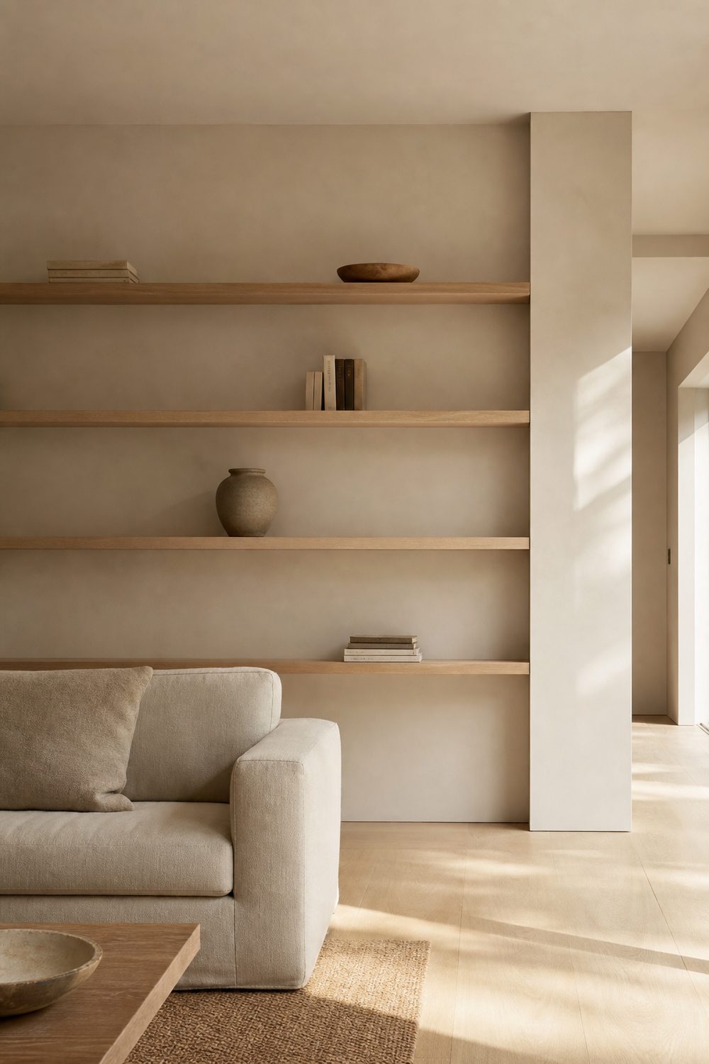 Minimalist oak bookshelf styled sparsely with grouped books and ceramics separated by wide empty spaces