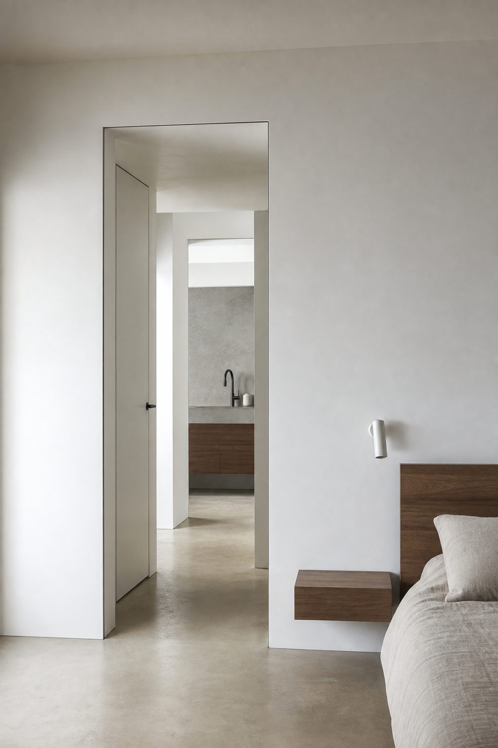 Trimless doorway where smooth white drywall returns into the opening with a narrow shadow gap reveal around it
