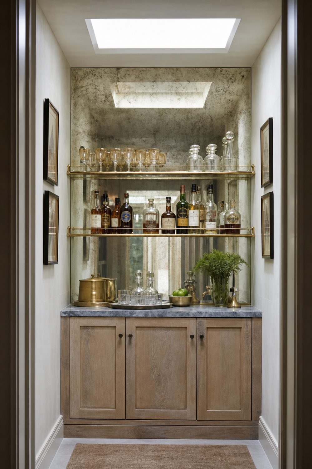 Antiqued mirror back panel behind two brass edged glass bar shelves in a narrow alcove with pale limewash walls and a skylight above