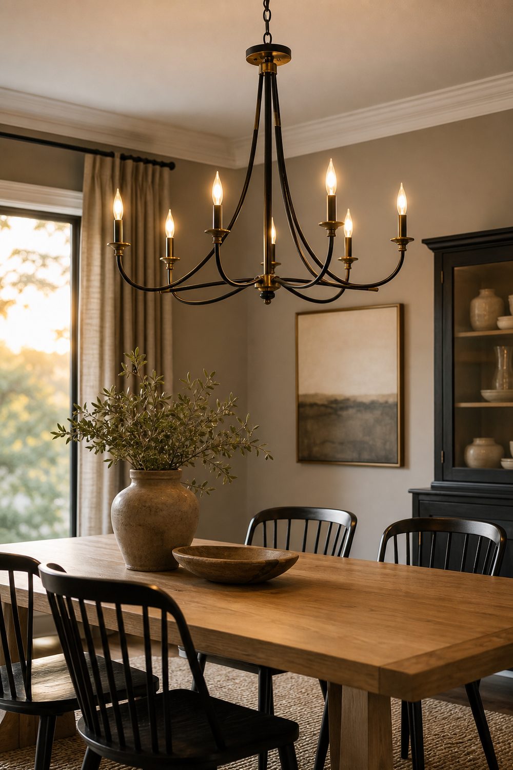 Mixed metal chandelier with matte black arms and antique brass details above a white oak table