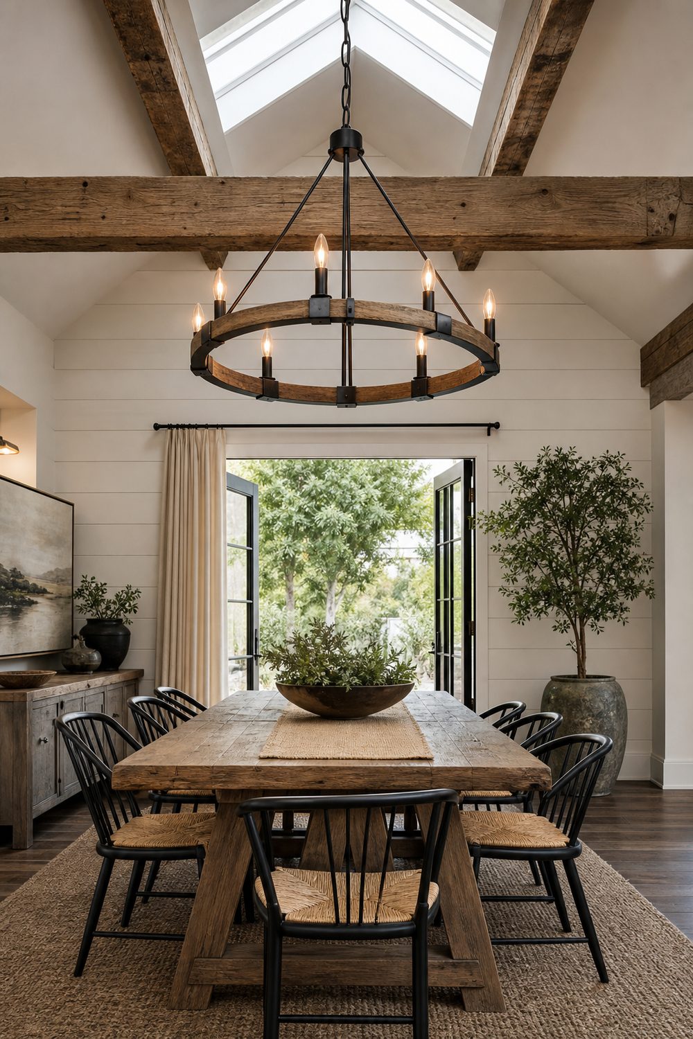Wood and black metal wagon wheel chandelier above a reclaimed wood farmhouse dining table