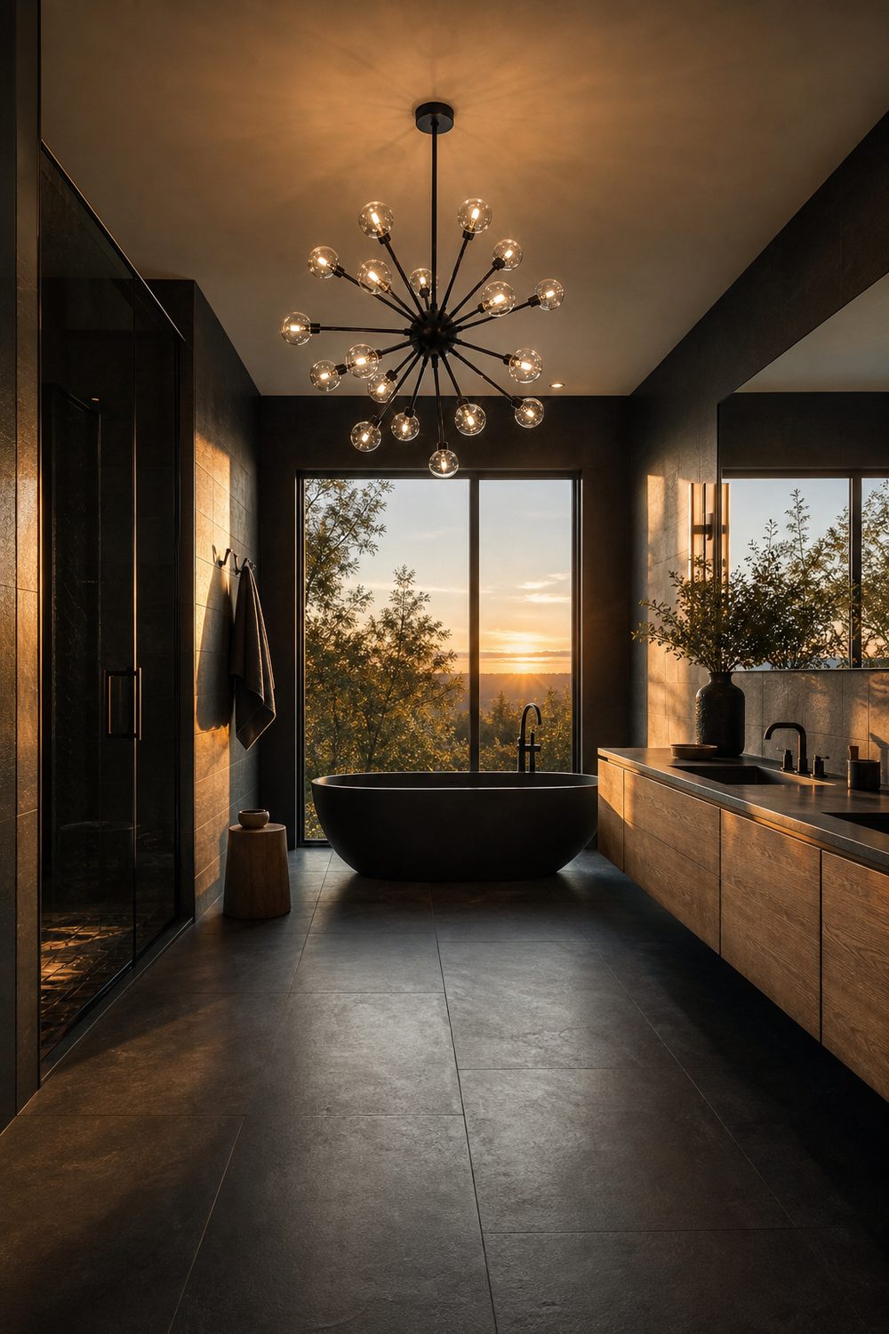 Matte black sputnik chandelier with radiating glass globe arms in a modern bathroom with charcoal tile and a floating oak vanity