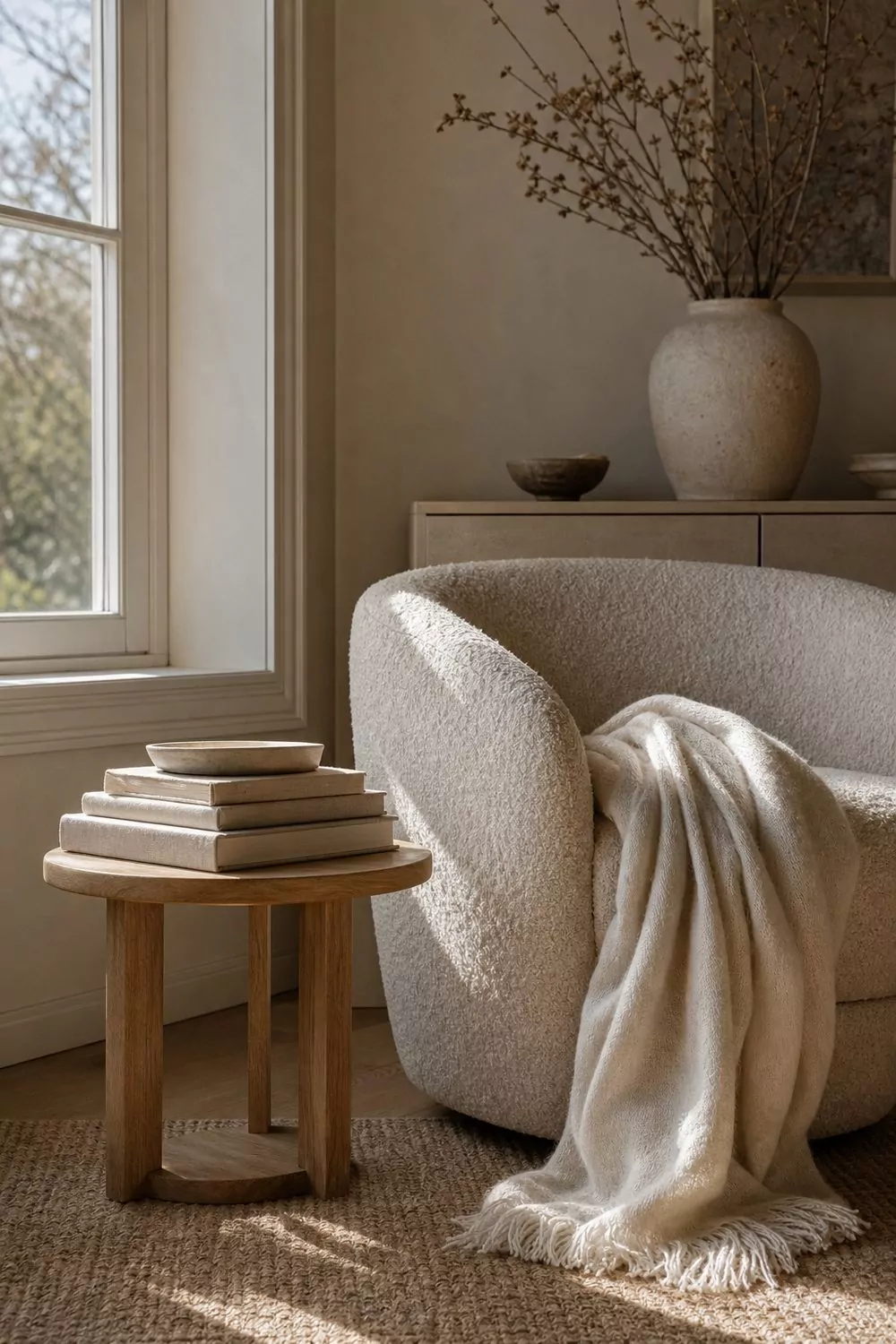Beige boucle armchair with a cream wool throw and small oak side table in a quiet reading corner lit from the side