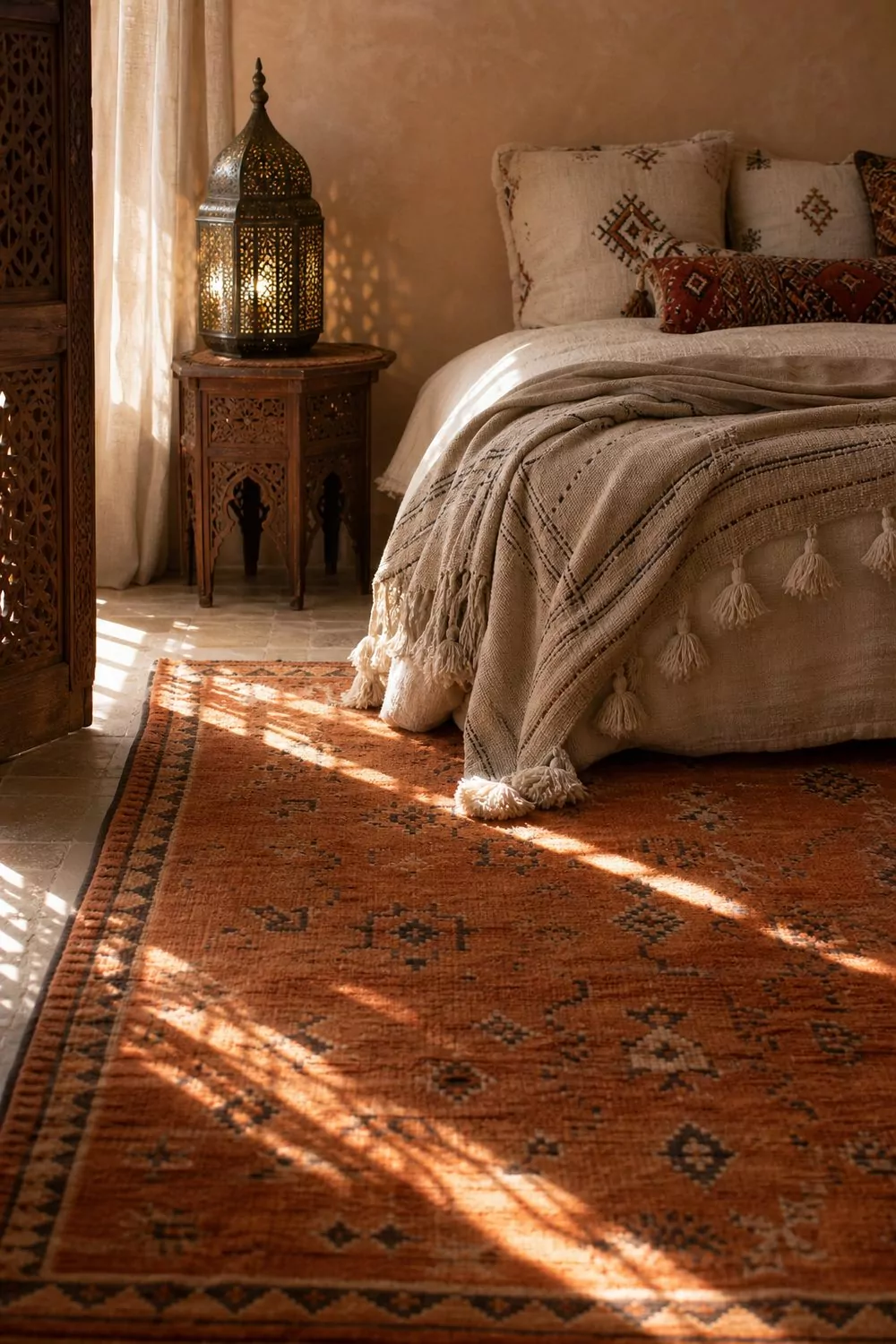 Bedroom layered with a burnt orange geometric wool rug, tasselled throw, embroidered cushions, warm plaster walls and a brass lantern