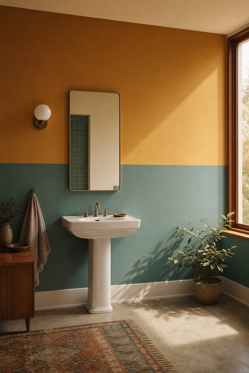 Bathroom wall painted dusty teal below and warm mustard above, meeting in a clean line behind a white pedestal sink