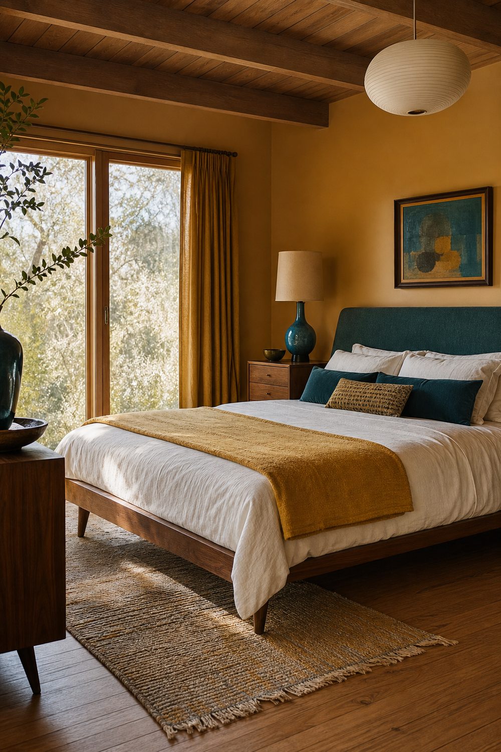 Bedroom with a teal upholstered headboard, mustard throw over white linen bedding, and a teal lamp on a walnut nightstand
