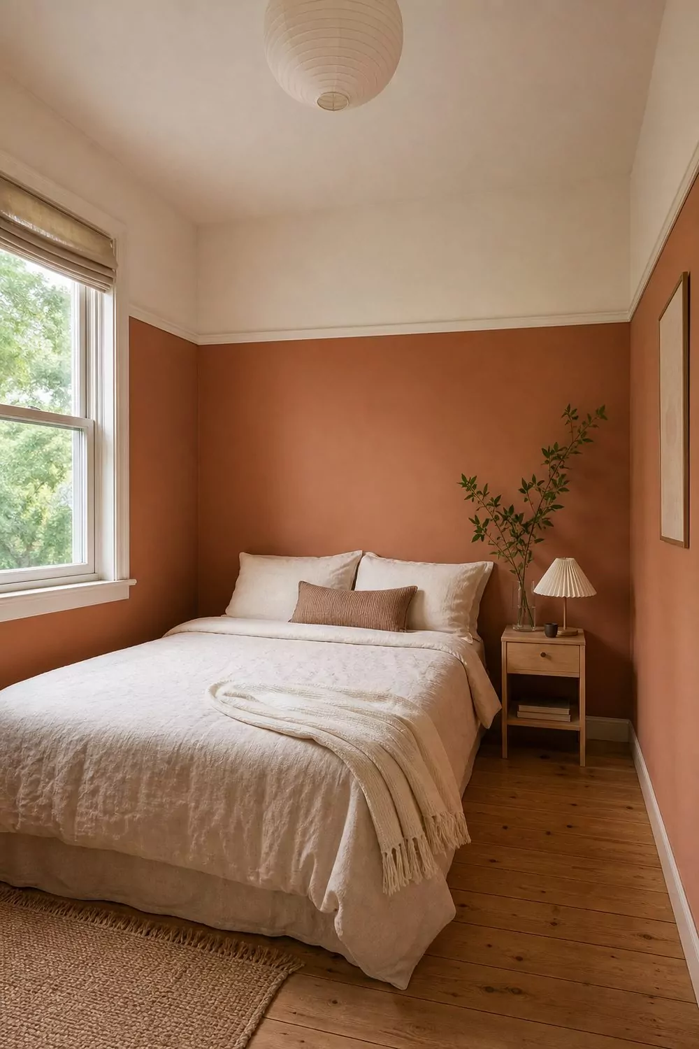 Small bedroom painted muted clay orange below a white picture rail with cream bedding and a narrow birch nightstand