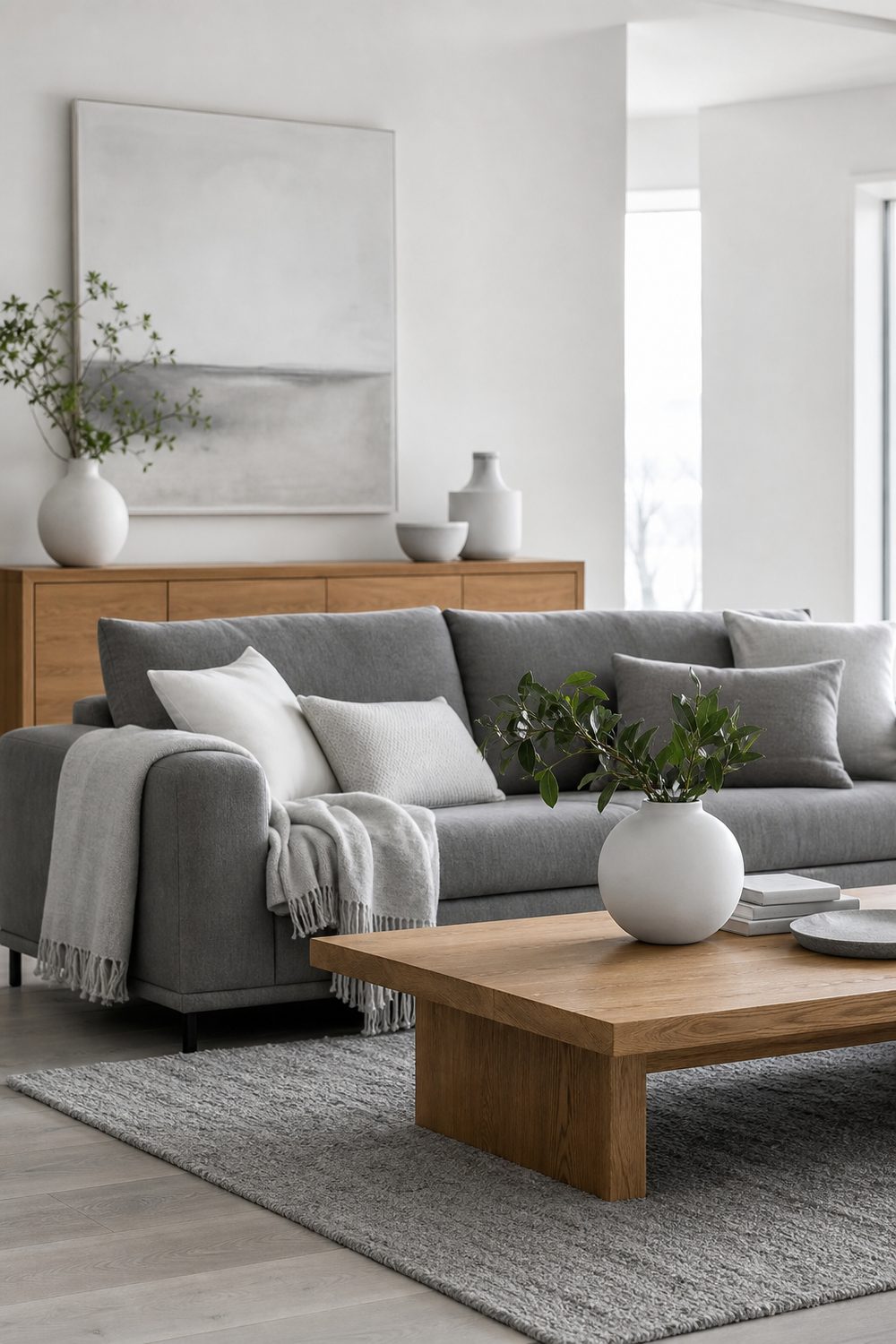 Grey sofa with warm oak coffee table and oak sideboard against white walls in a grey and white living room