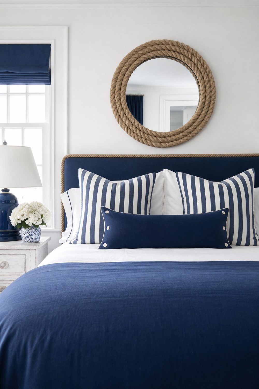 Navy and white bed beneath a round mirror wrapped in thick natural rope on a white wall with weathered white nightstand