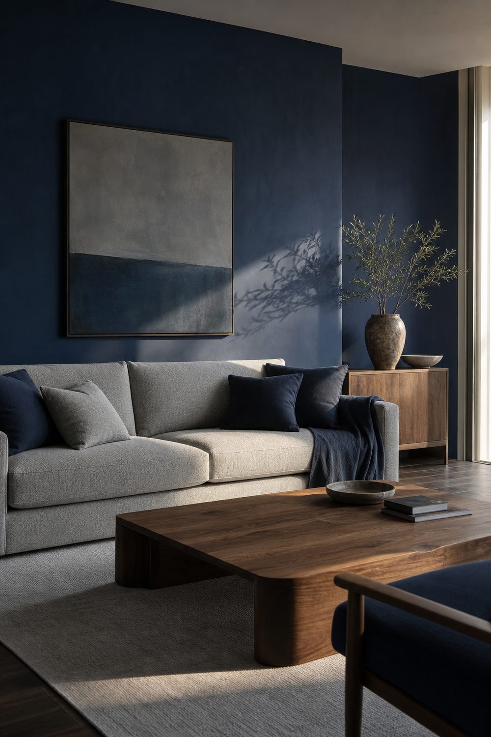 Deep navy blue accent wall behind a dove grey fabric sofa in a living room, pale grey rug and walnut coffee table, warm afternoon light