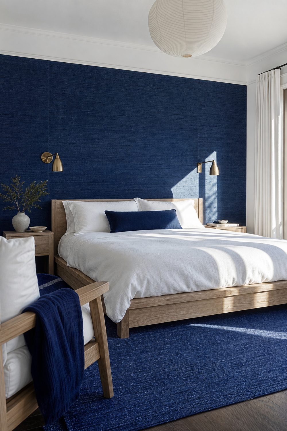 Navy grasscloth accent wall behind a white oak bed with white linen bedding, brass sconce, and warm afternoon light in a bedroom