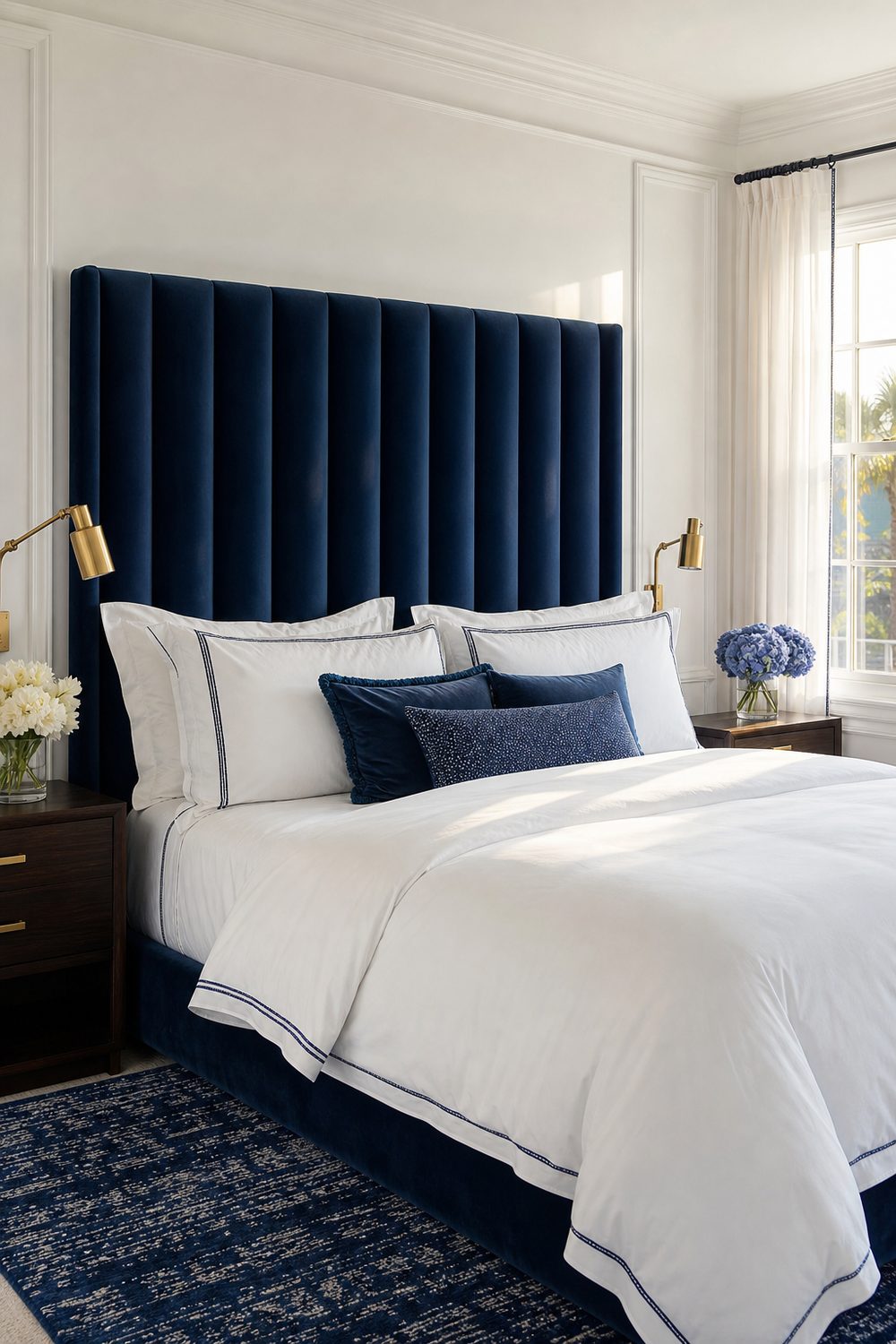 Tall navy velvet channel tufted headboard with crisp white duvet and shams, walnut nightstands and brass lamp in a white bedroom