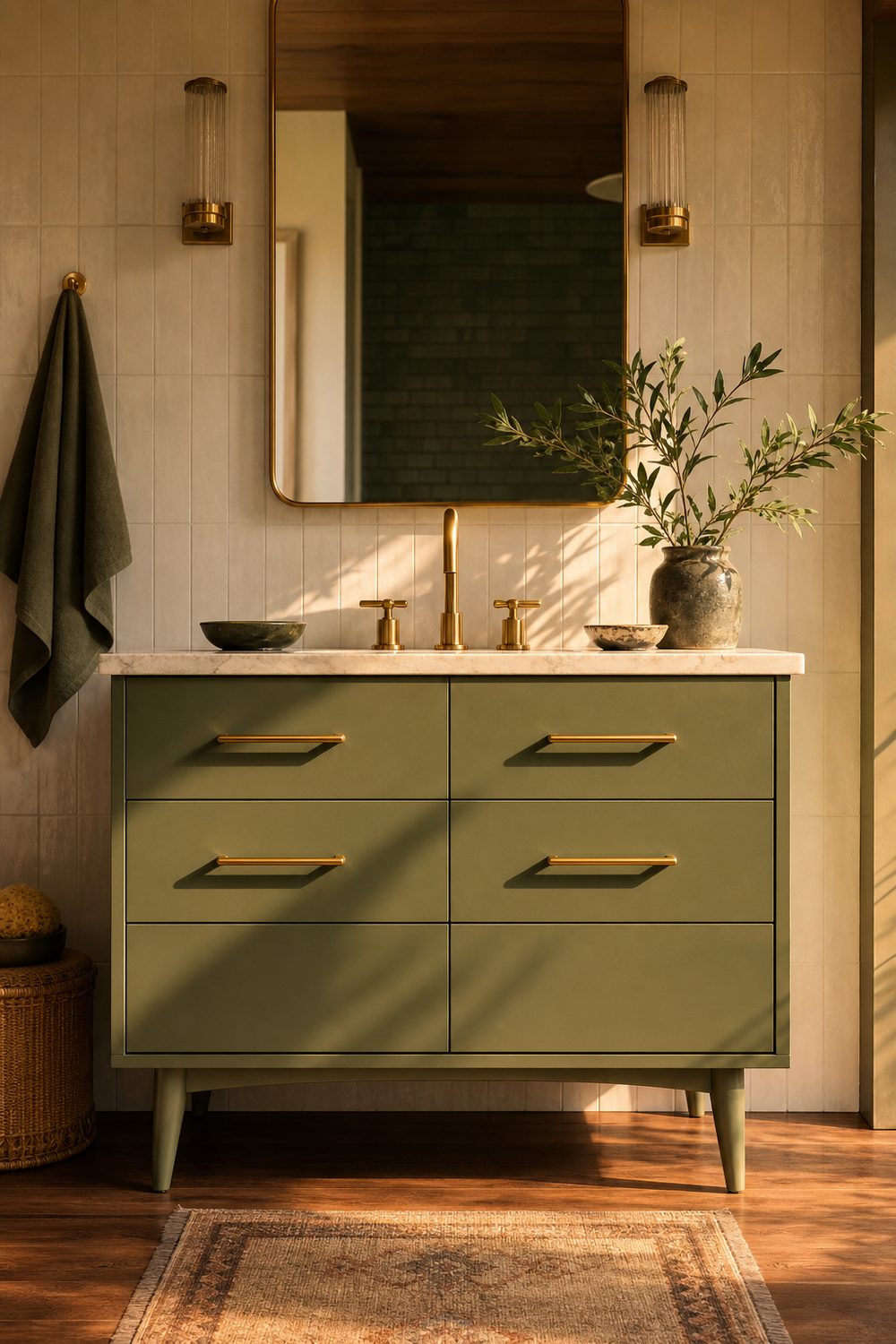 Olive green bathroom vanity with gold bar pulls and tapered legs on a wood floor against cream tiled walls