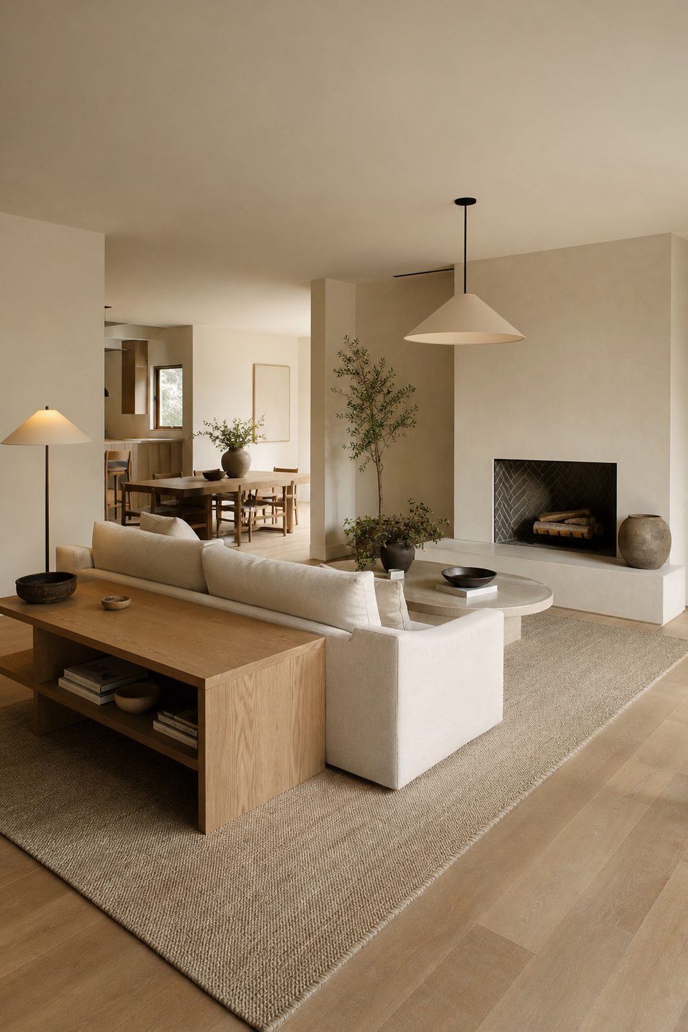 Open plan minimalist living room zoned with a large rug, low oak console divider and a pendant over the seating