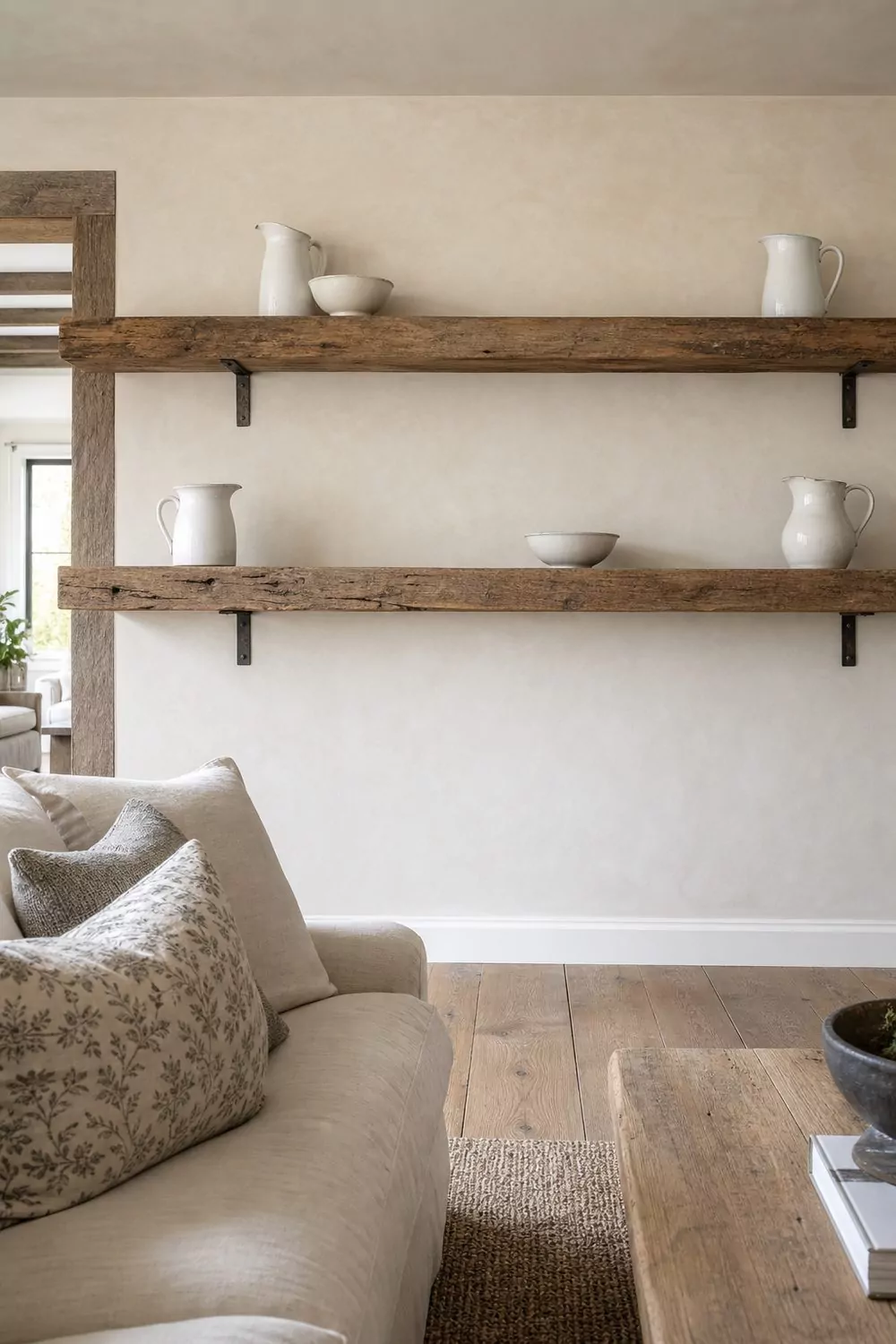 Two reclaimed oak floating shelves holding white ironstone pitchers and bowls on a creamy plaster farmhouse wall